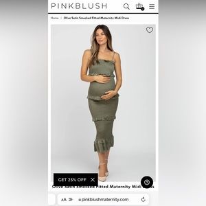 Olive Satin Smocked Fitted Maternity Midi Dress